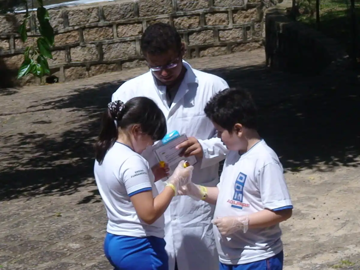 Estudantes colaborando durante uma experiência de aprendizagem.